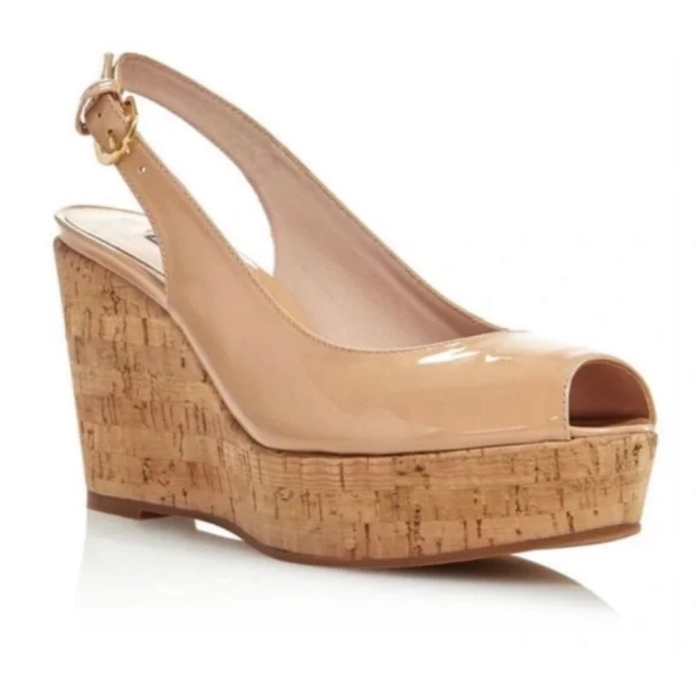 Stuart Weitzman Adobe Jean Patent Leather Peep Toe Wedge Slingback Sandal 10
